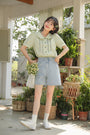 Light Blue Embroidered High-Waist Denim Shorts - Masion Chérie