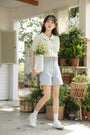 Light Blue Embroidered High-Waist Denim Shorts - Masion Chérie