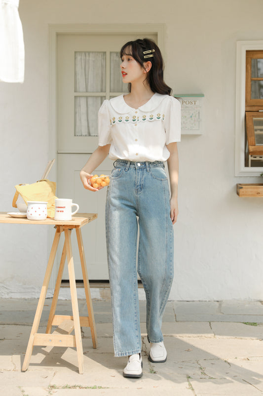 Vintage High-Waisted Light Blue Straight-Leg Jeans - Masion Chérie