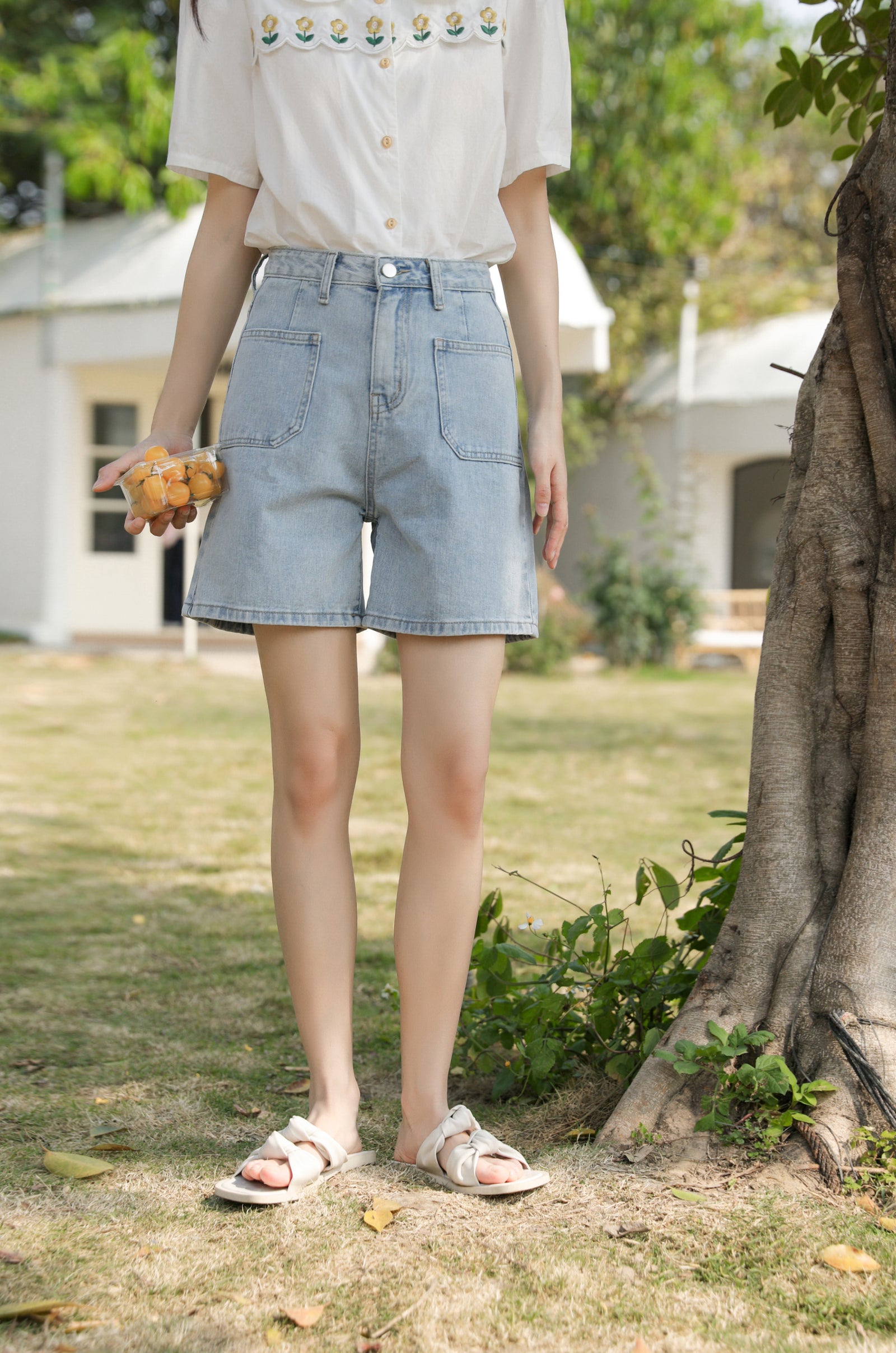 Versatile High-Waisted Light Blue Denim Shorts - Masion Chérie