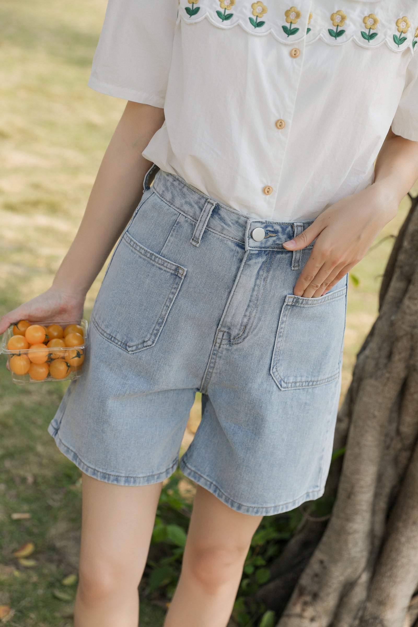 Versatile High-Waisted Light Blue Denim Shorts - Masion Chérie