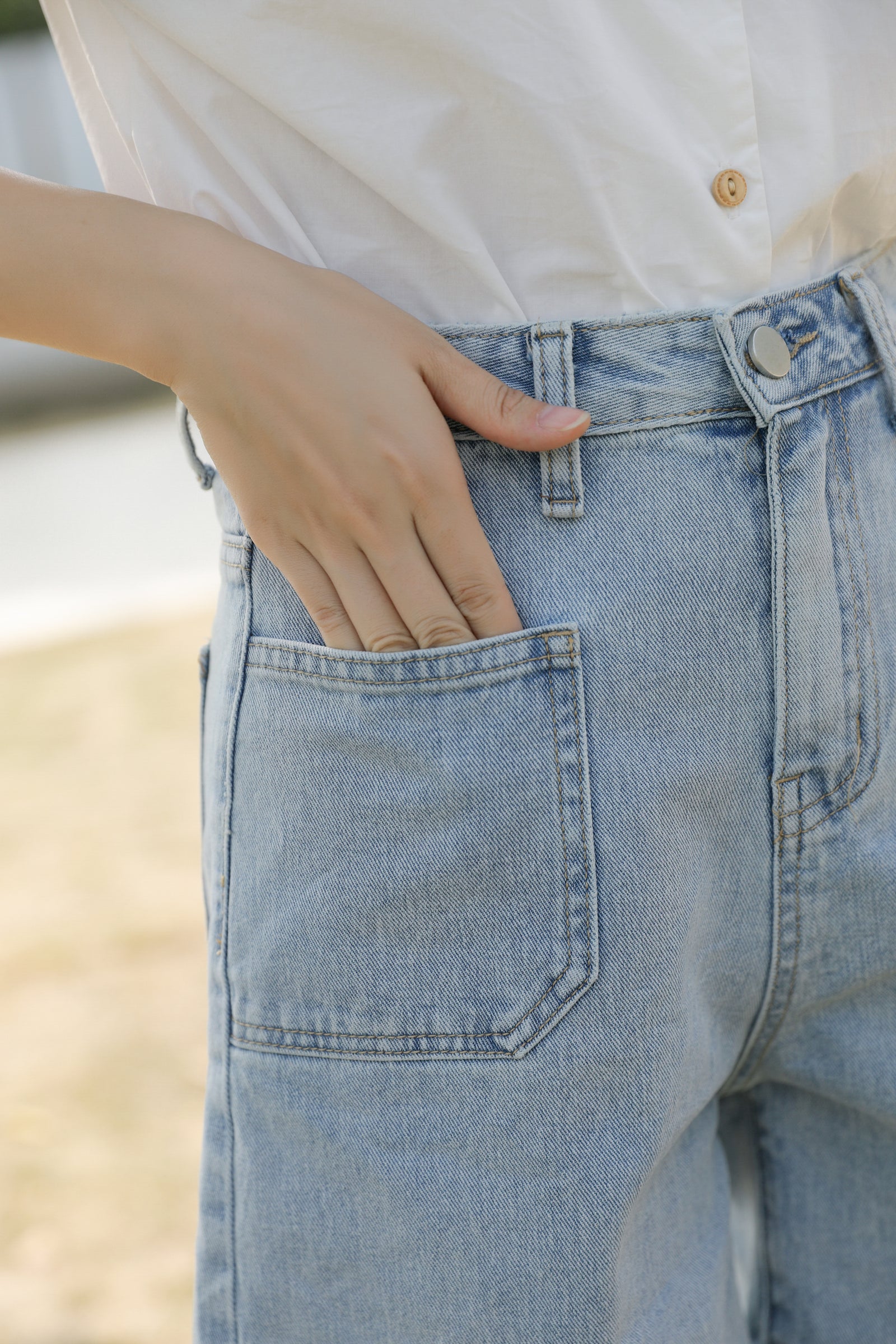 Versatile High-Waisted Light Blue Denim Shorts - Masion Chérie