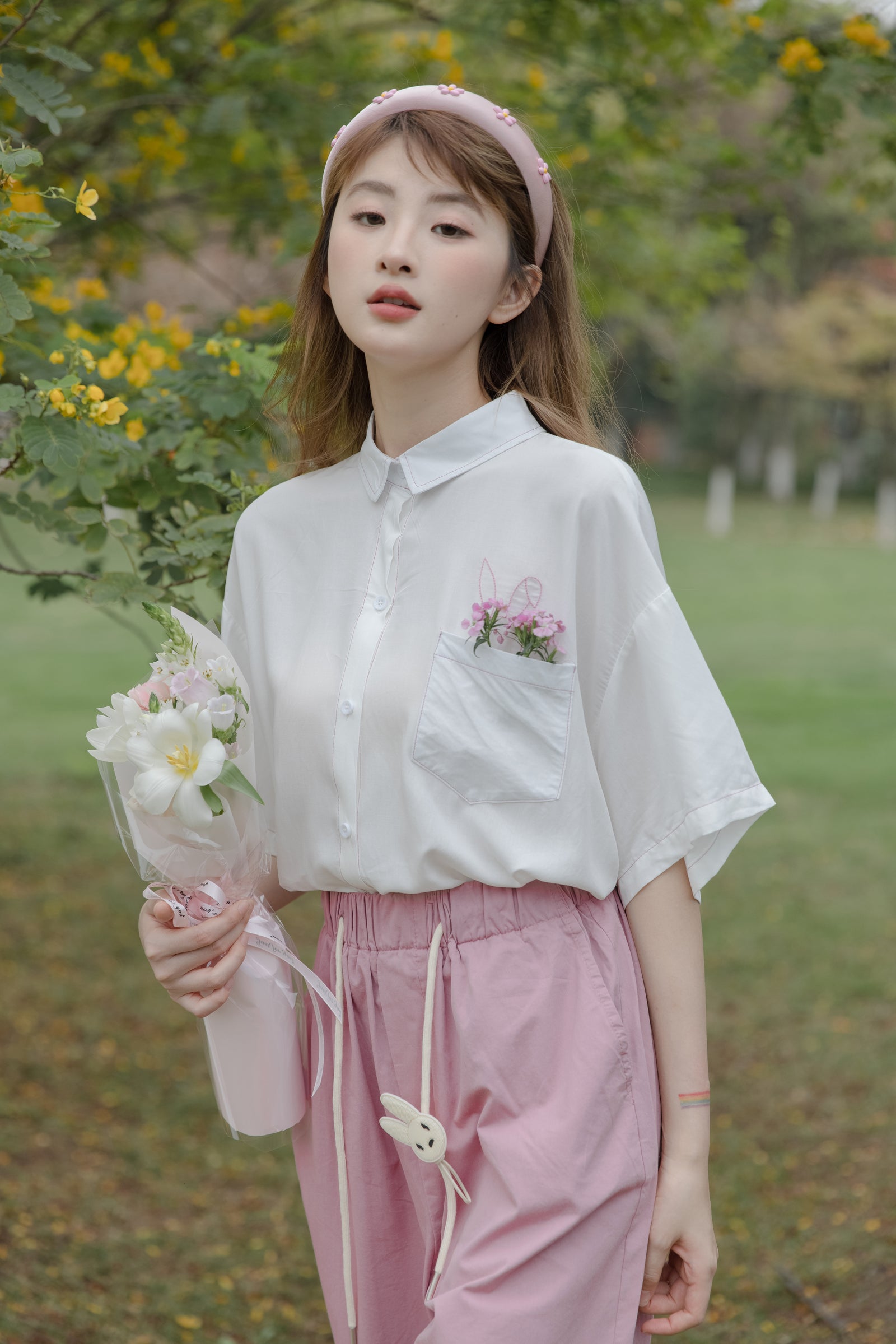 Playful Bunny Embroidered Cotton Button-Up Shirt - Masion Chérie