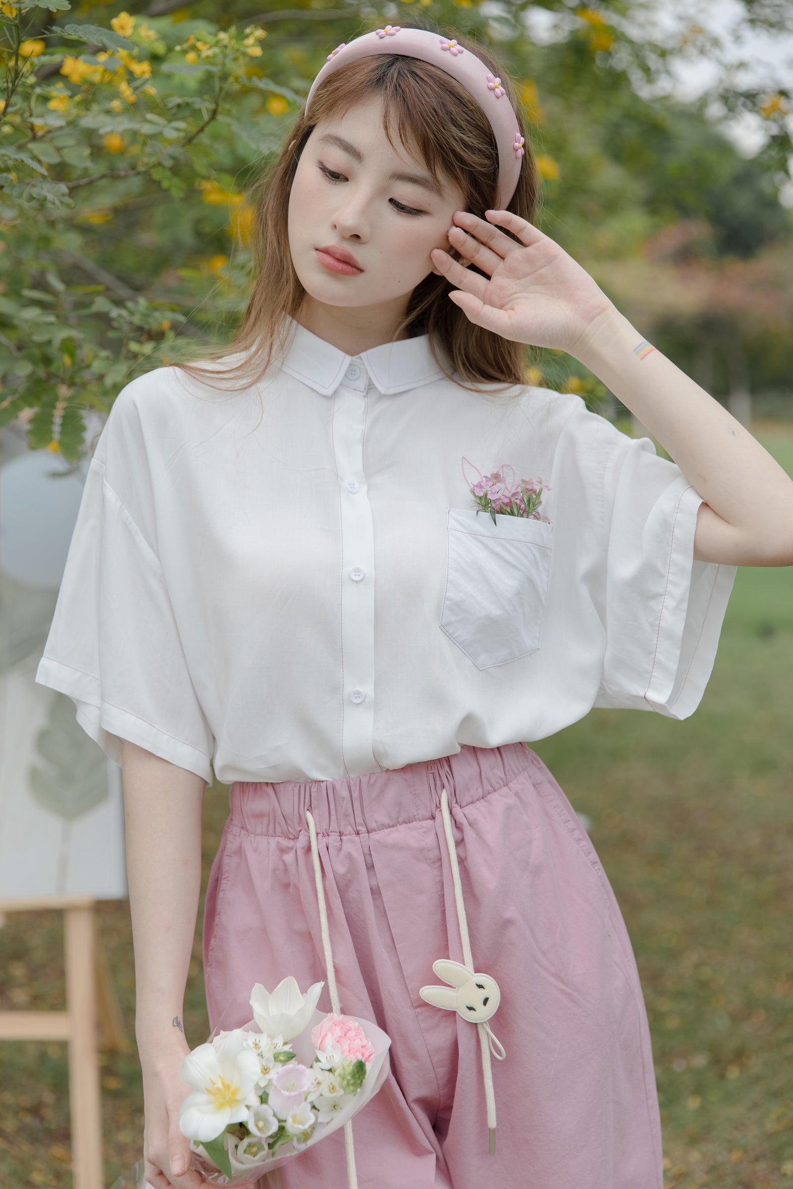 Playful Bunny Embroidered Cotton Button-Up Shirt - Masion Chérie