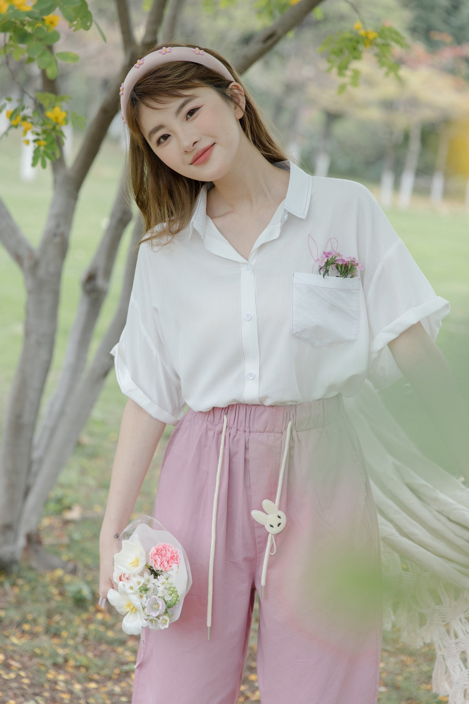 Playful Bunny Embroidered Cotton Button-Up Shirt - Masion Chérie