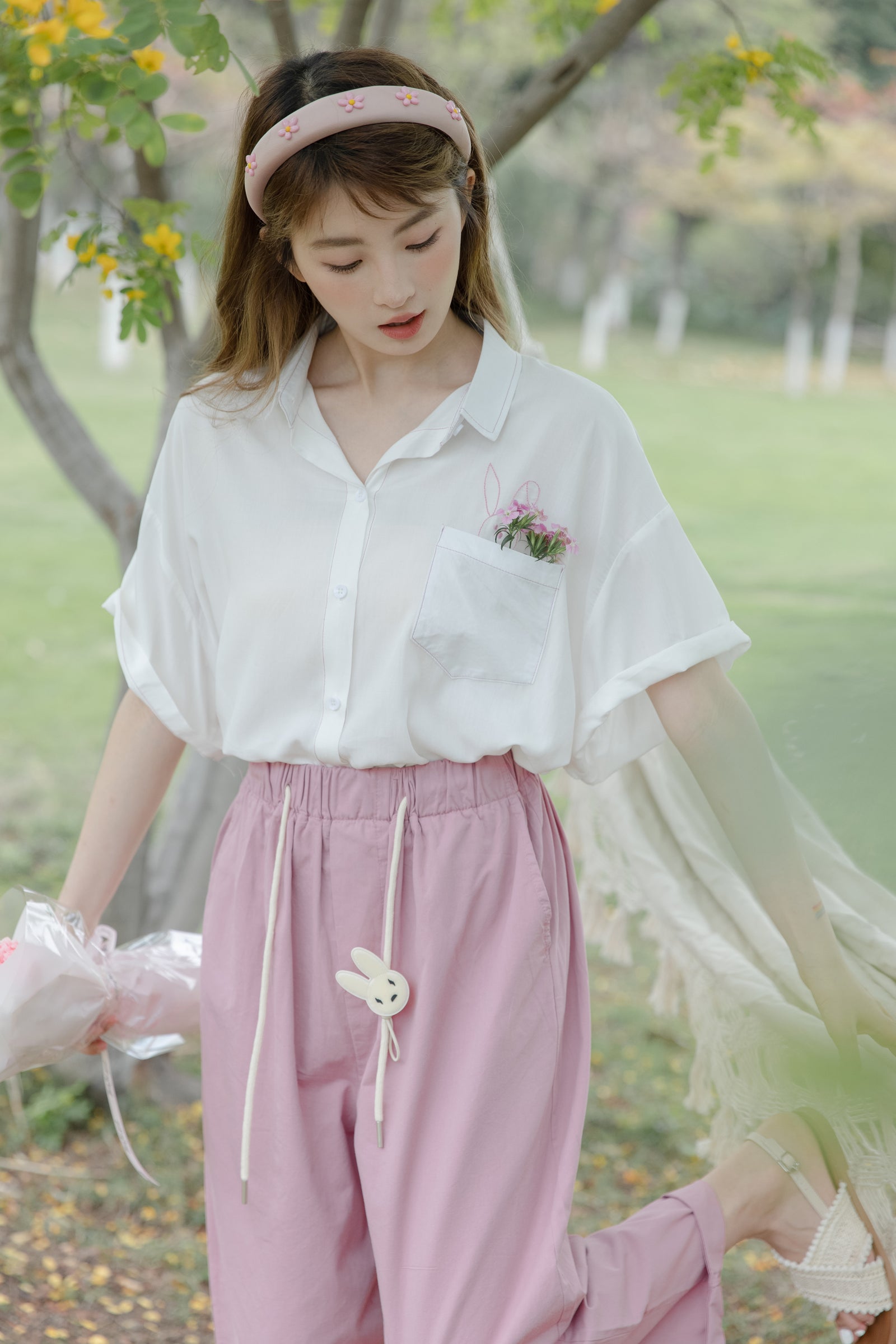 Playful Bunny Embroidered Cotton Button-Up Shirt - Masion Chérie