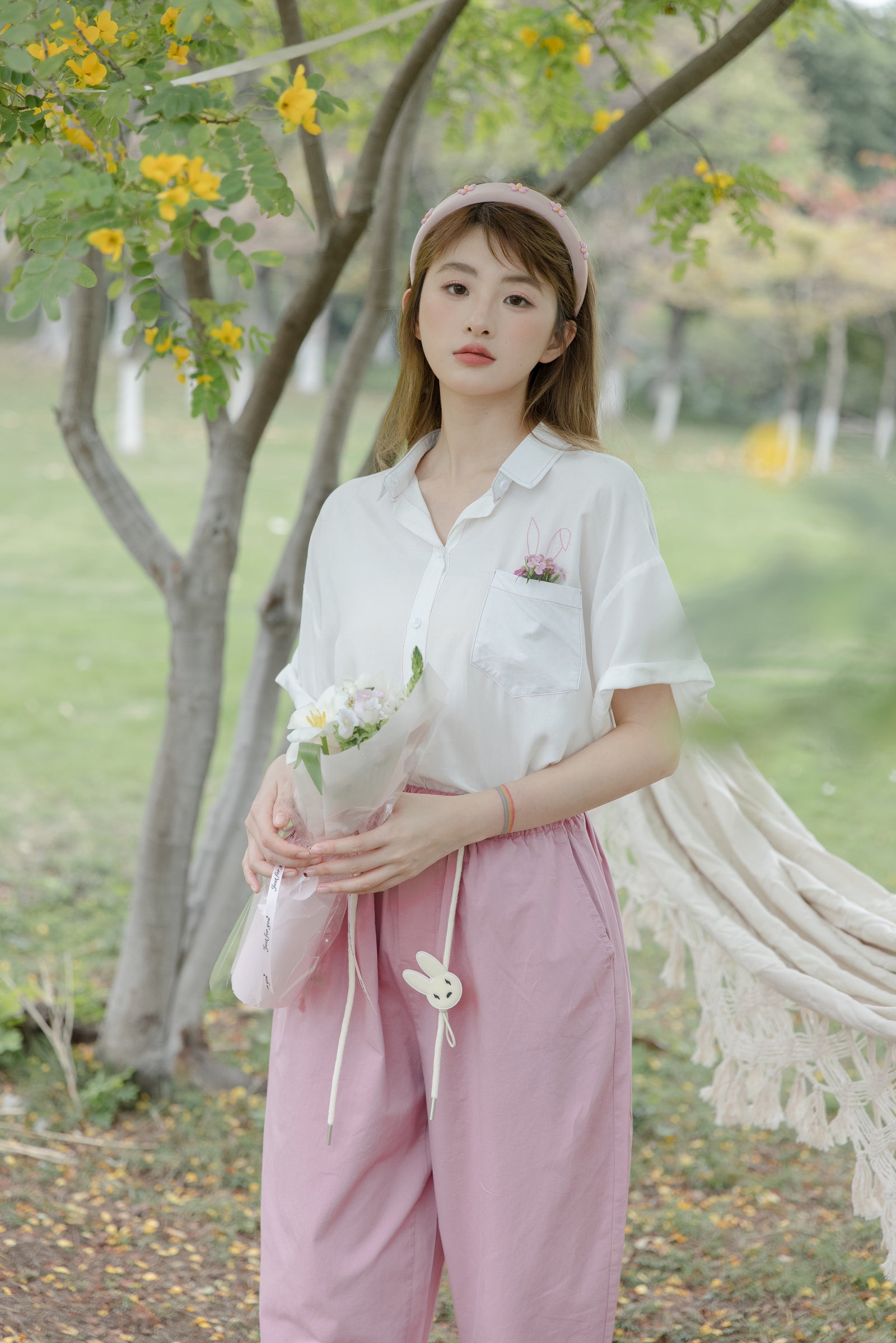 Playful Bunny Embroidered Cotton Button-Up Shirt - Masion Chérie