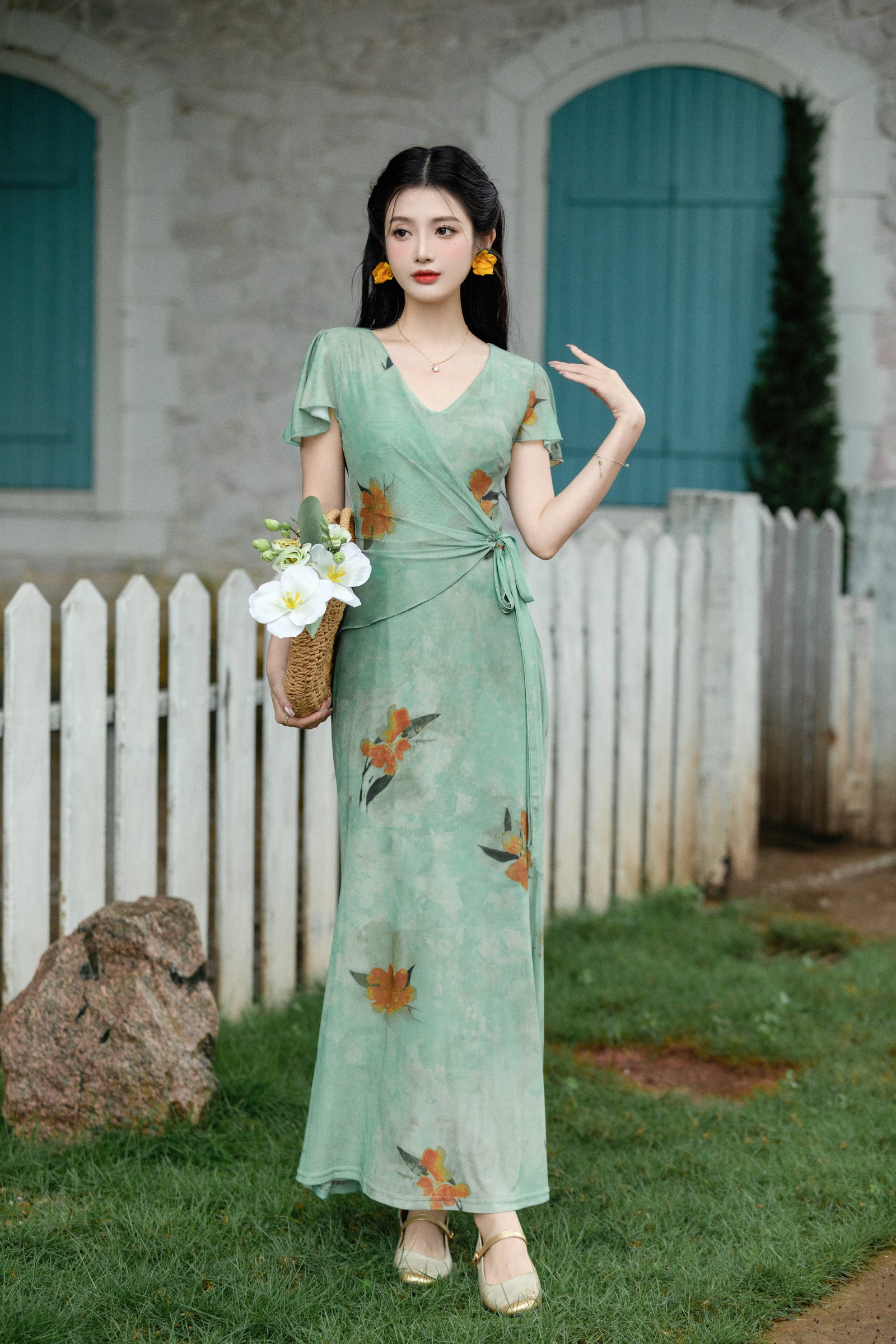 Enchanting Green V-Neck Floral Wrap Dress - Masion Chérie