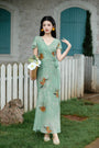 Enchanting Green V-Neck Floral Wrap Dress - Masion Chérie