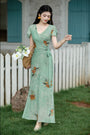 Enchanting Green V-Neck Floral Wrap Dress - Masion Chérie