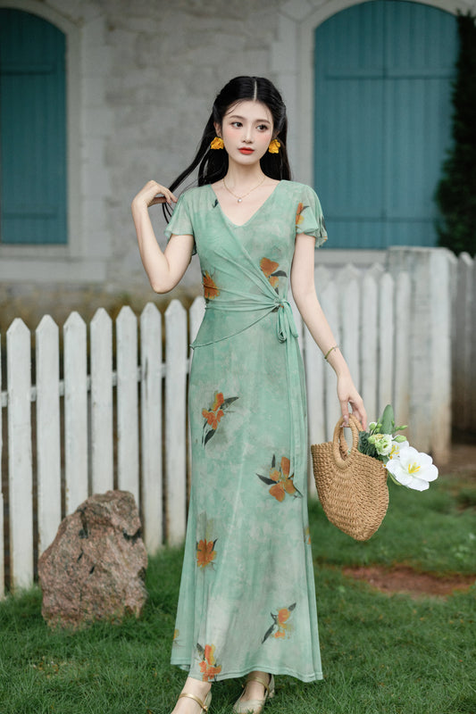 Enchanting Green V-Neck Floral Wrap Dress - Masion Chérie