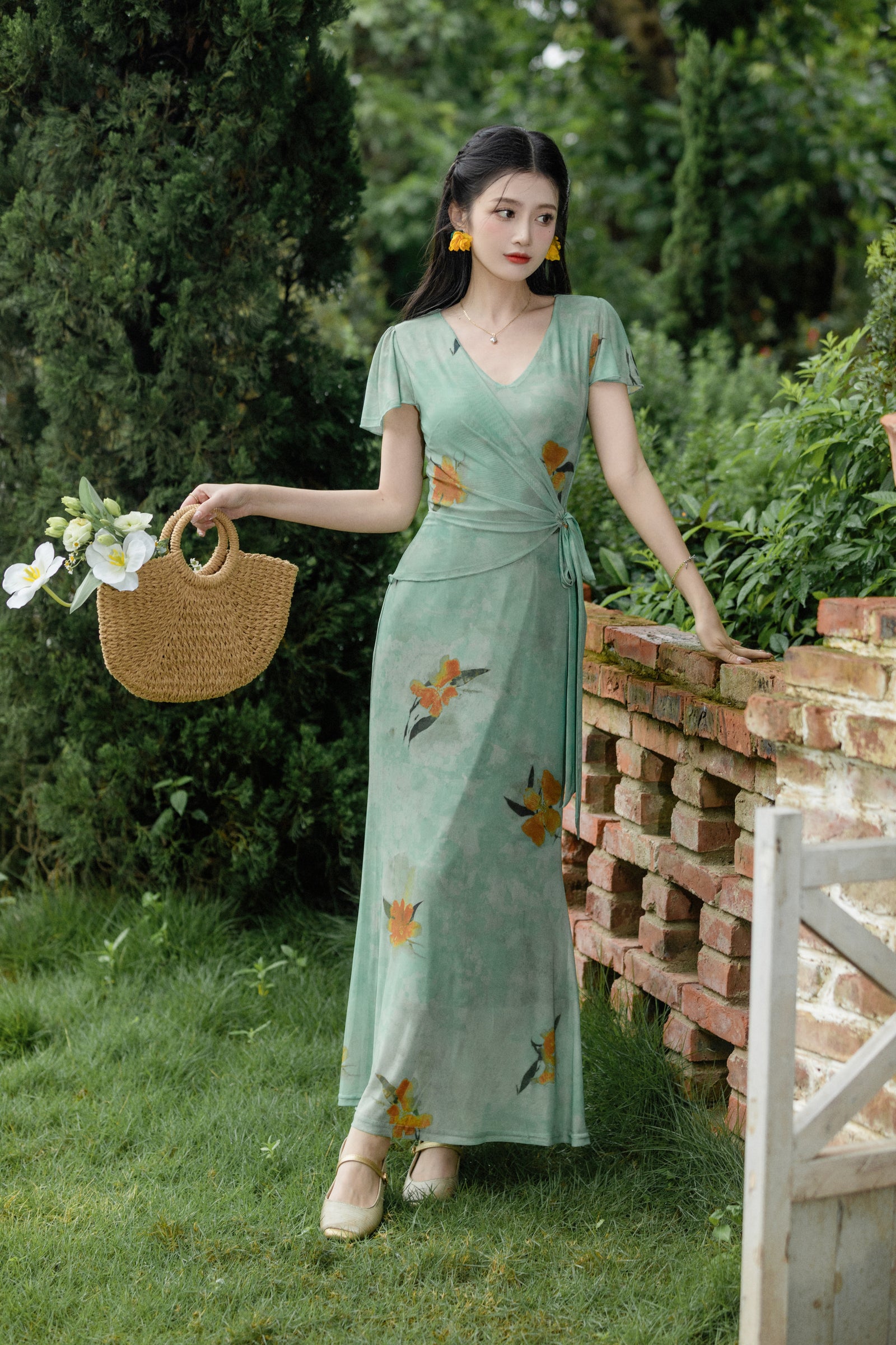 Enchanting Green V-Neck Floral Wrap Dress - Masion Chérie