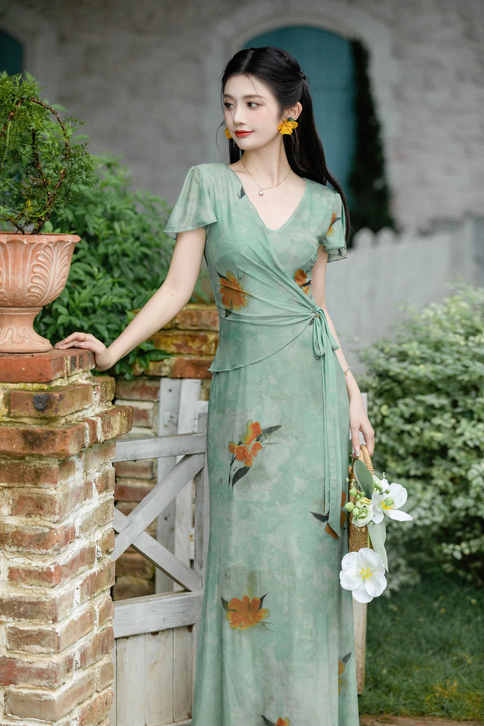 Enchanting Green V-Neck Floral Wrap Dress - Masion Chérie