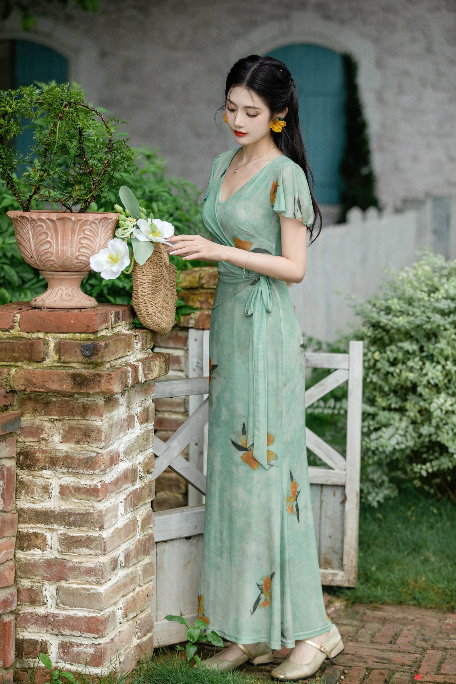 Enchanting Green V-Neck Floral Wrap Dress - Masion Chérie