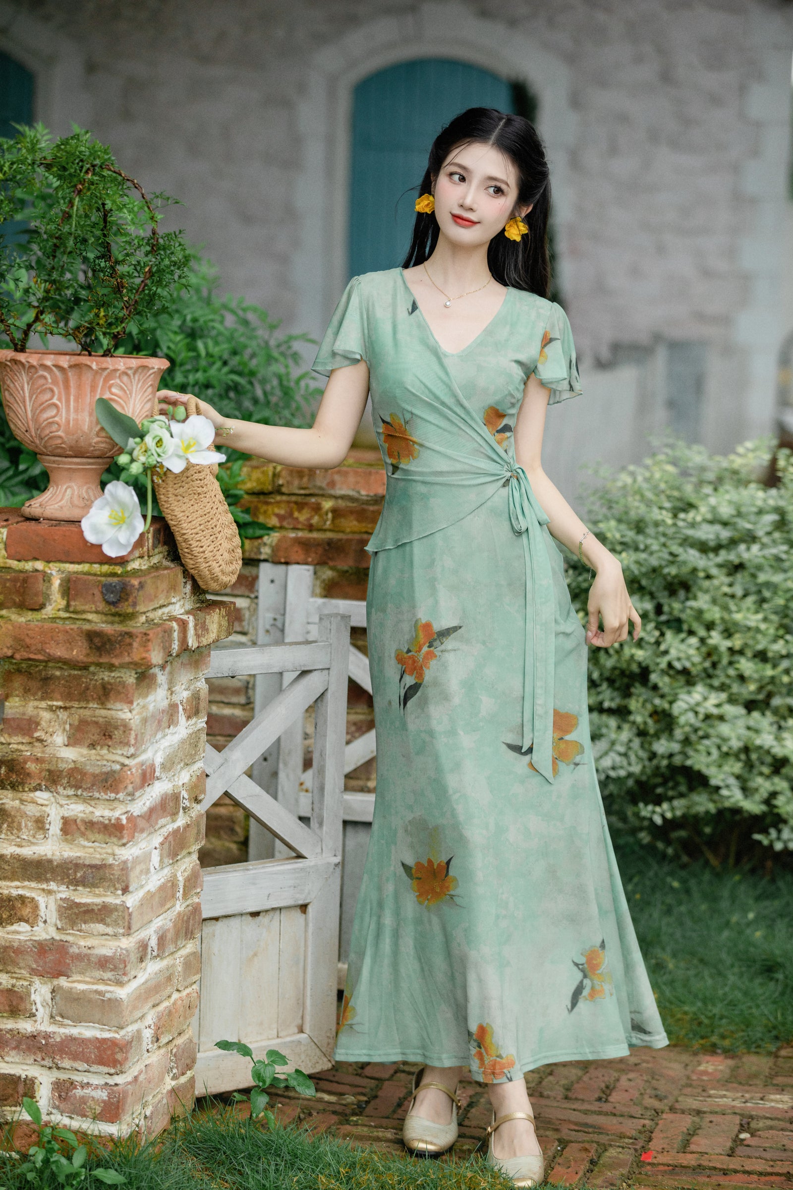 Enchanting Green V-Neck Floral Wrap Dress - Masion Chérie