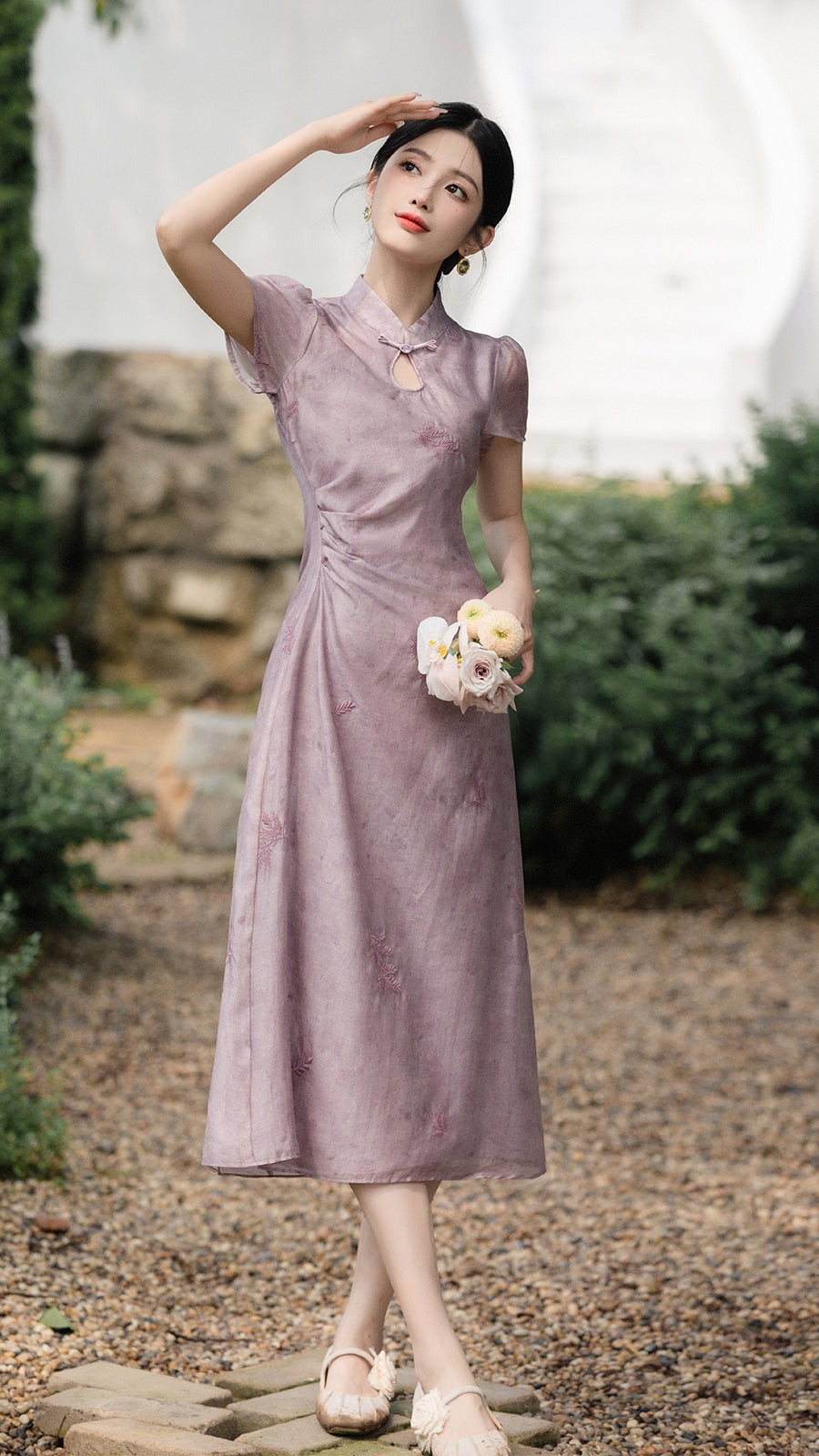 Elegant Lavender Floral Modified Cheongsam Dress - Masion Chérie