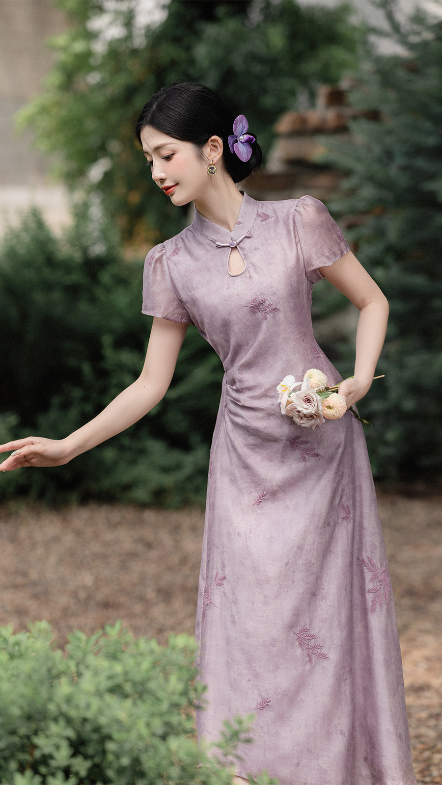 Elegant Lavender Floral Modified Cheongsam Dress - Masion Chérie