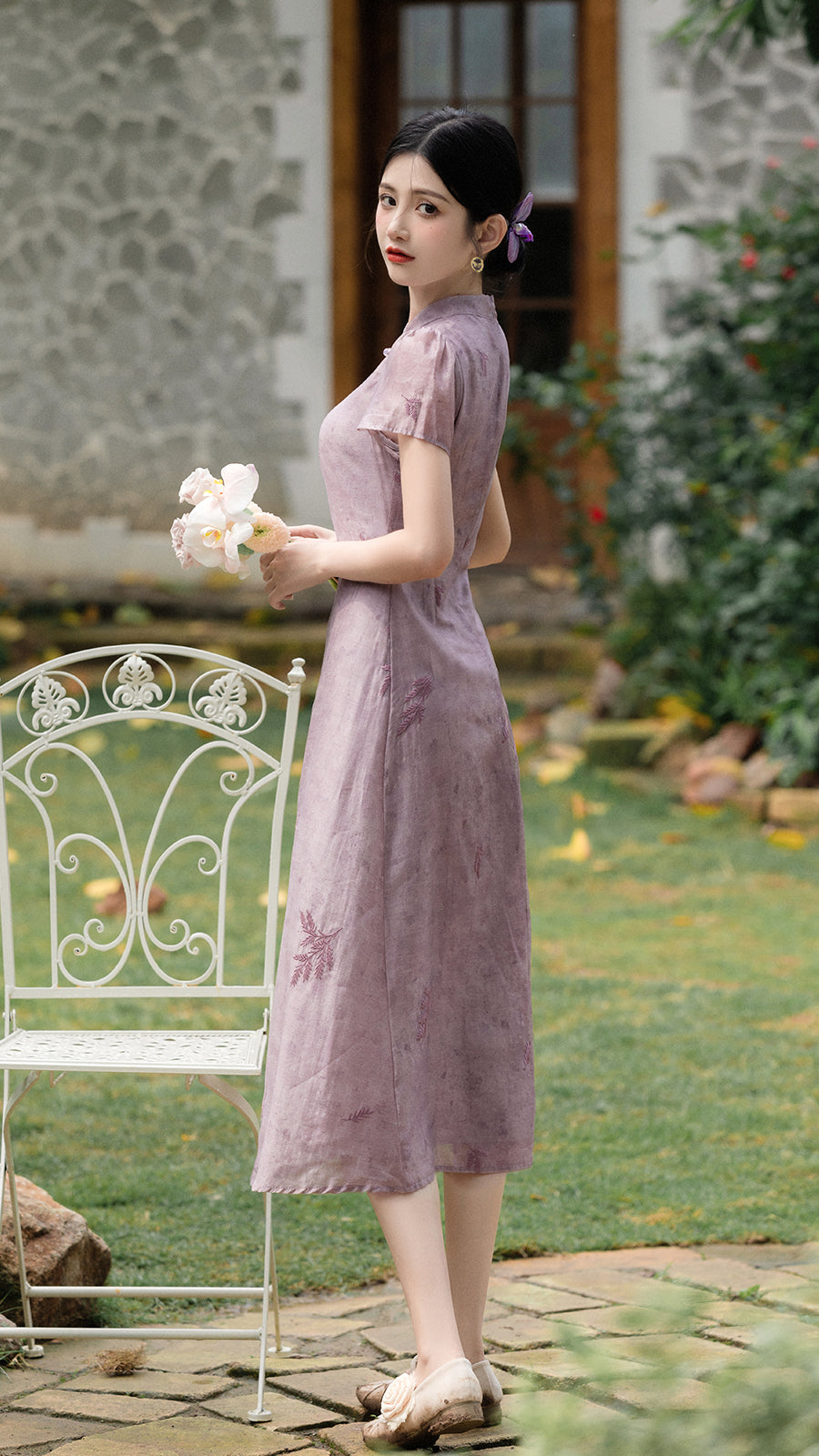 Elegant Lavender Floral Modified Cheongsam Dress - Masion Chérie