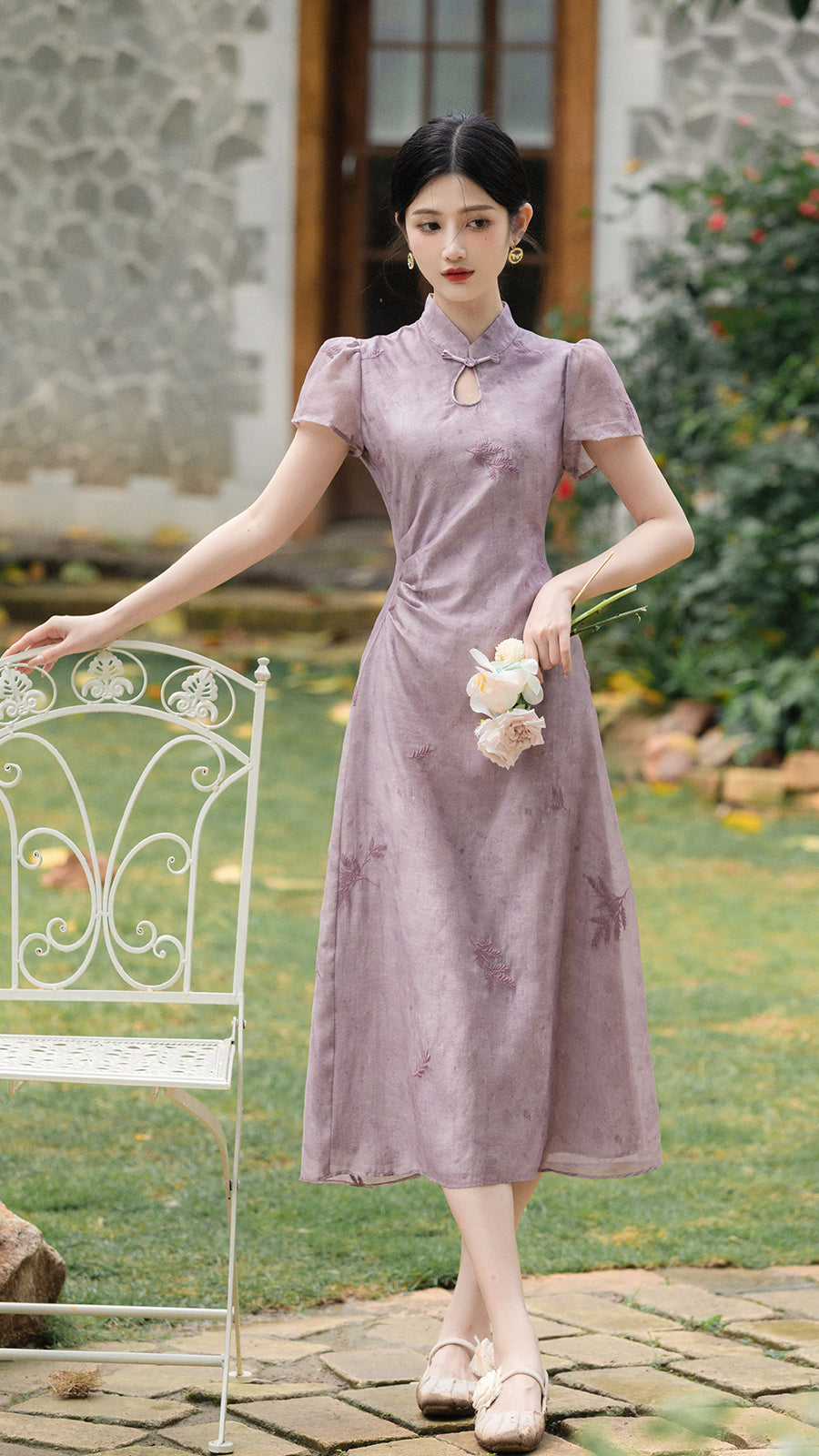 Elegant Lavender Floral Modified Cheongsam Dress - Masion Chérie