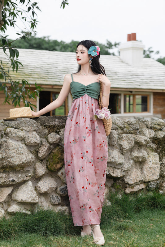 Green Sweetheart Bodice Pink Floral Maxi Dress