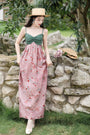 Green Sweetheart Bodice Pink Floral Maxi Dress