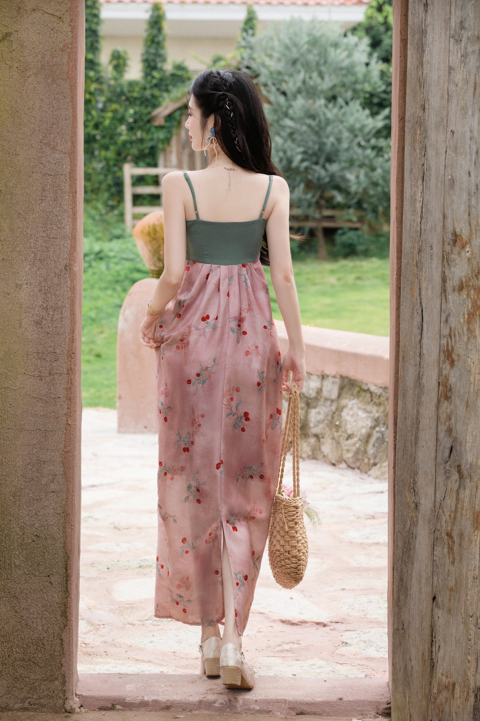 Green Sweetheart Bodice Pink Floral Maxi Dress