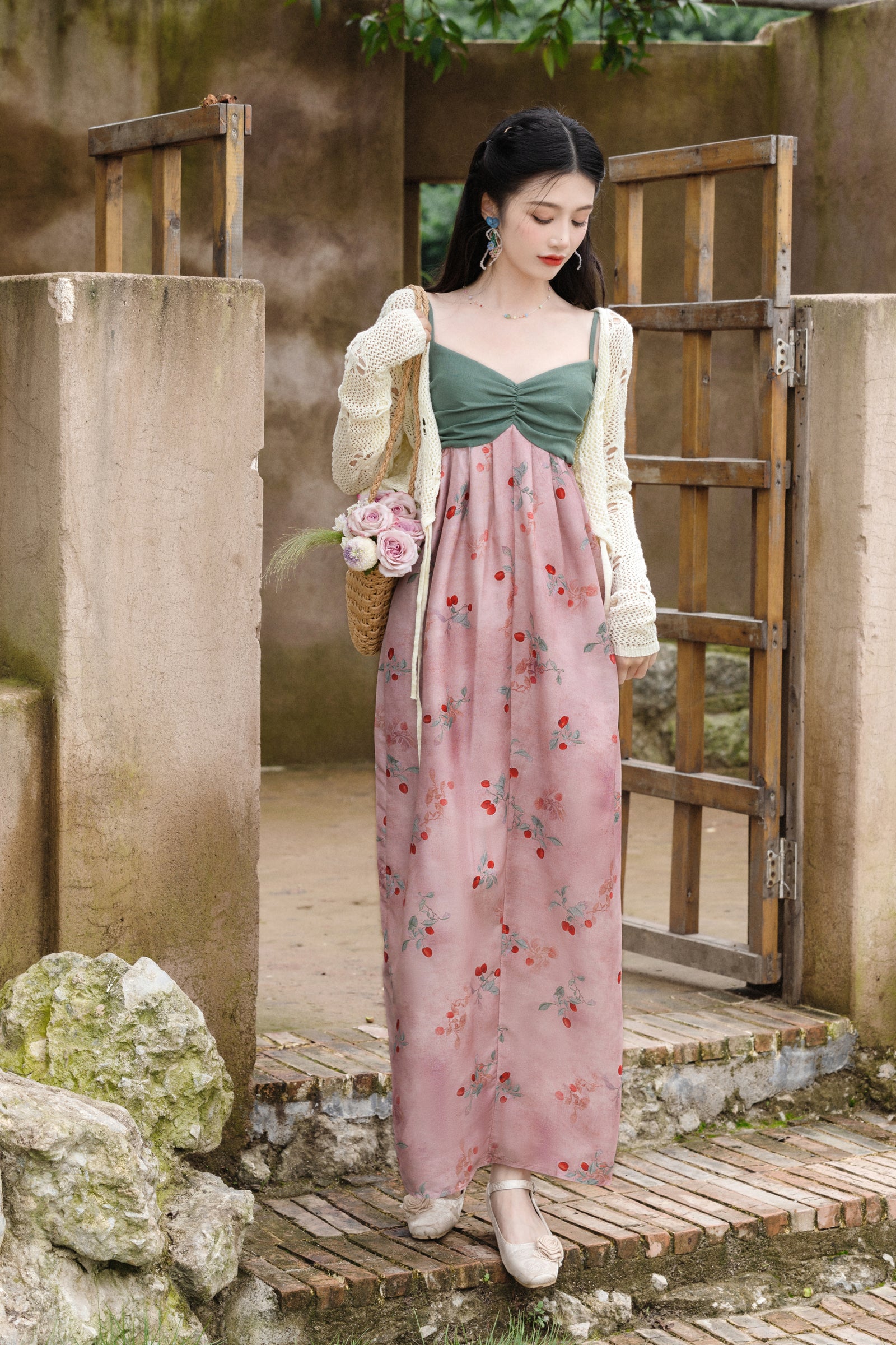 Green Sweetheart Bodice Pink Floral Maxi Dress