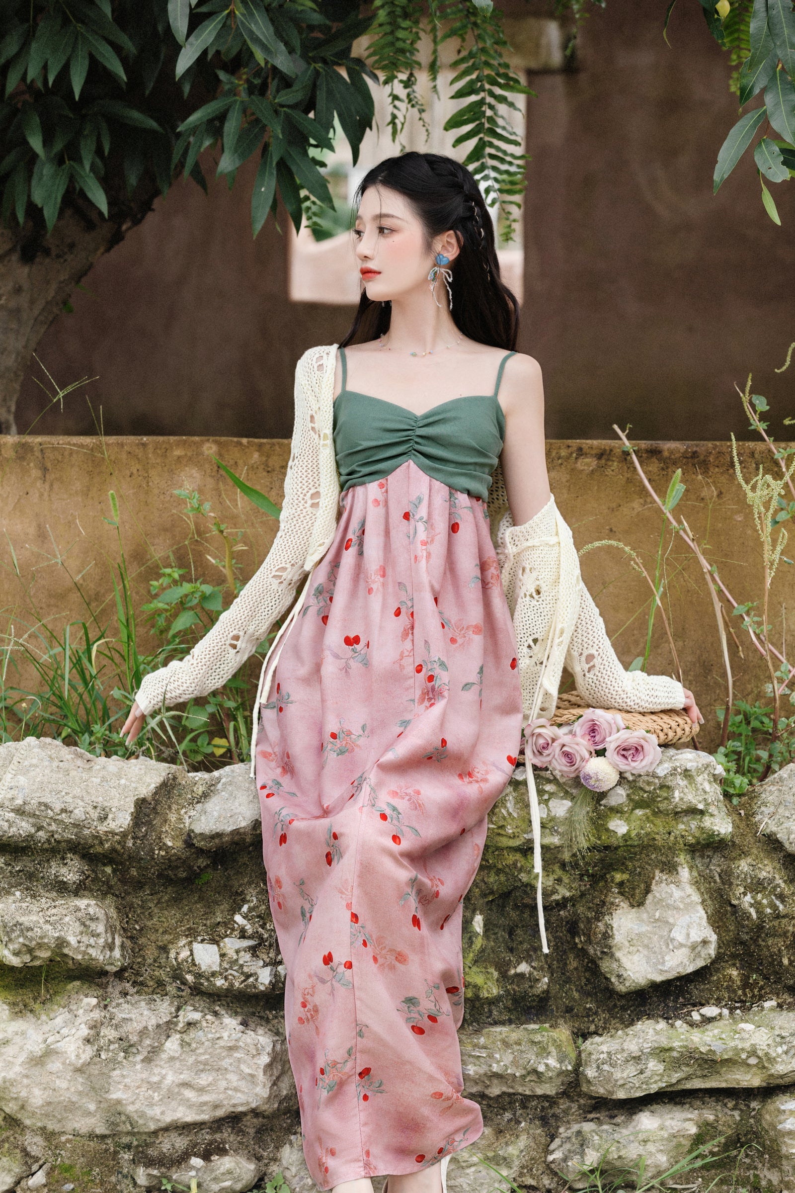 Green Sweetheart Bodice Pink Floral Maxi Dress