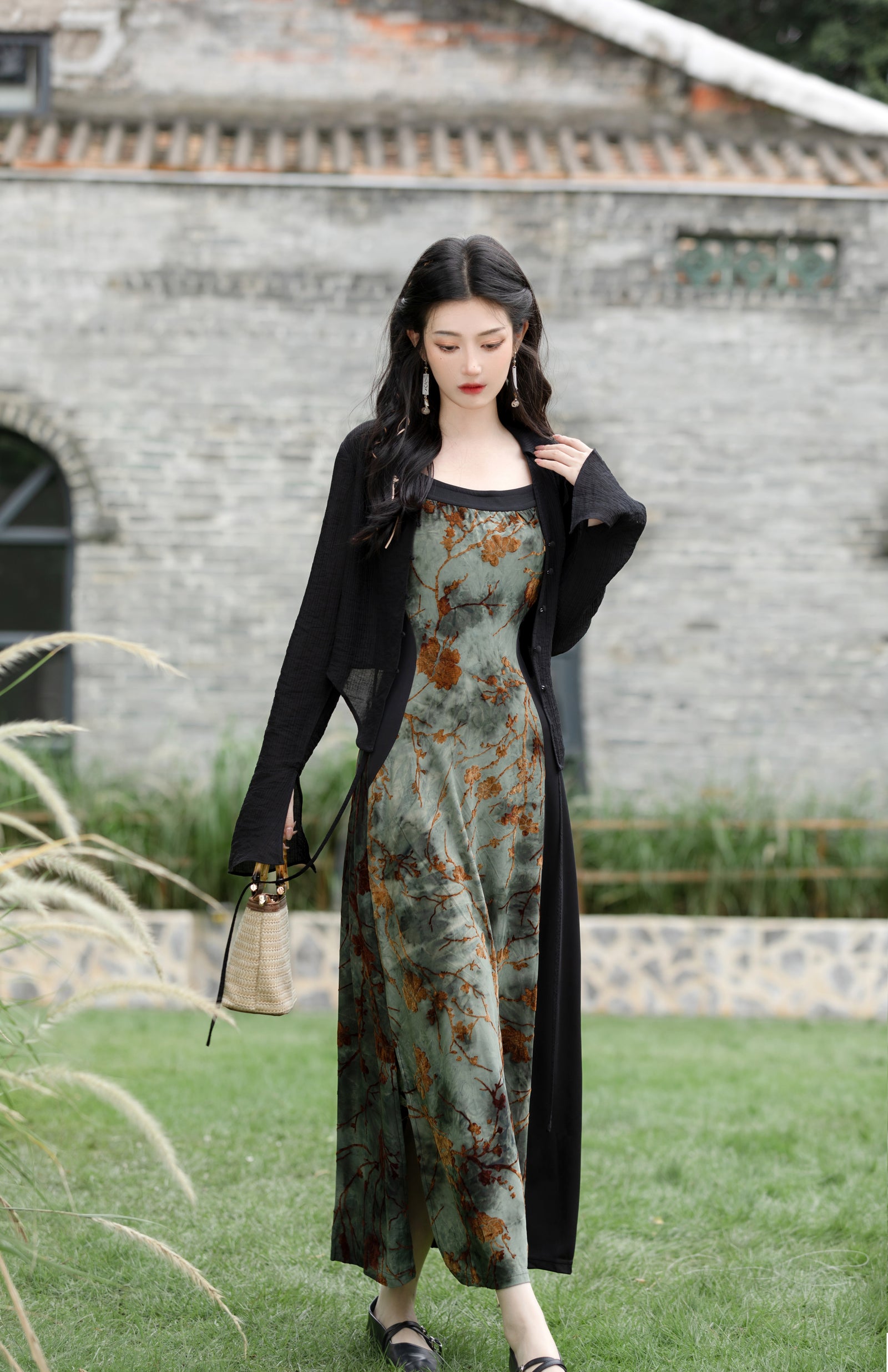 Vintage Floral Print Silk Maxi Dress with Black Cardigan