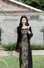 Vintage Floral Print Silk Maxi Dress with Black Cardigan