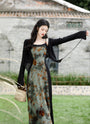 Vintage Floral Print Silk Maxi Dress with Black Cardigan