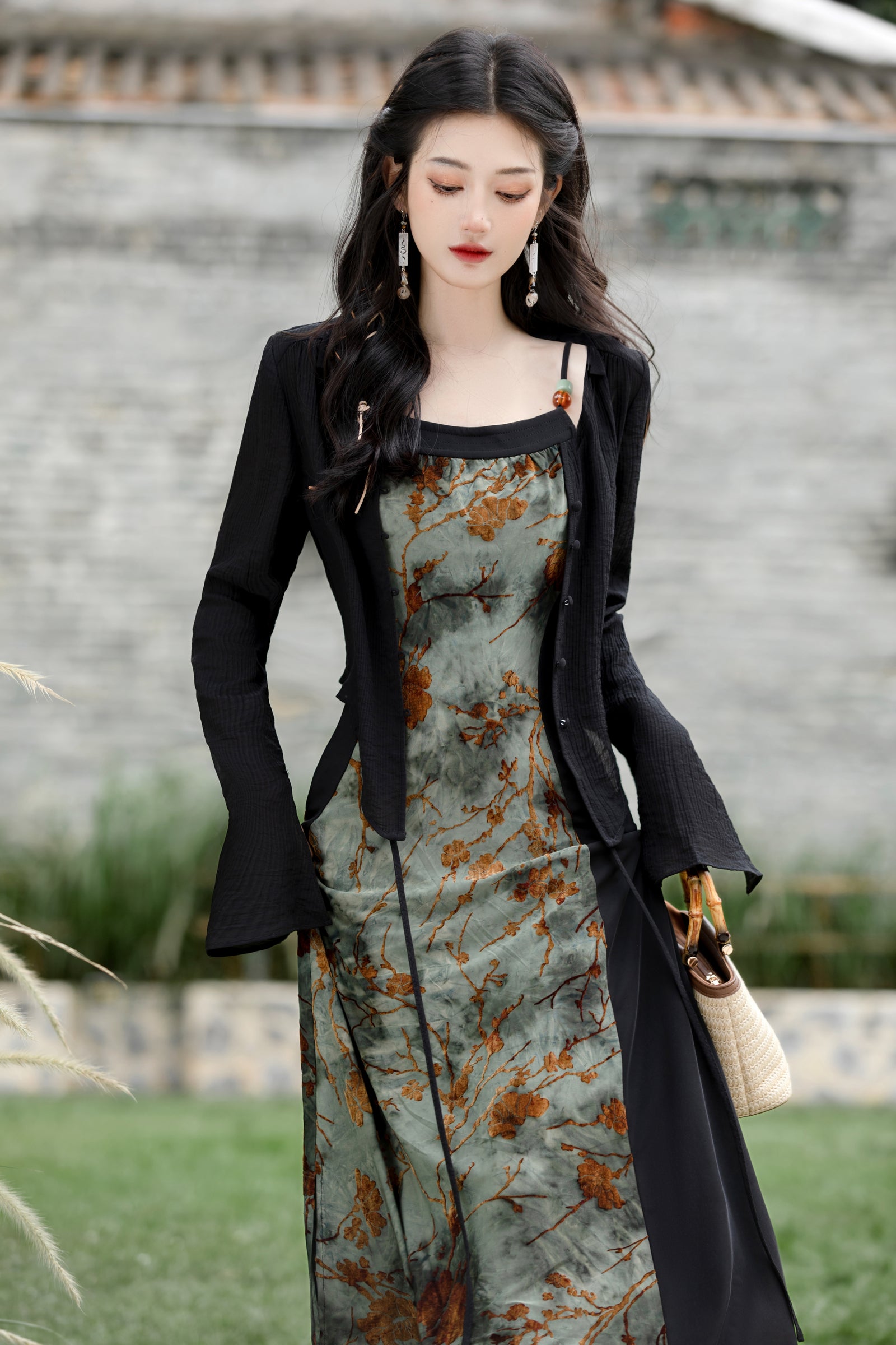 Vintage Floral Print Silk Maxi Dress with Black Cardigan