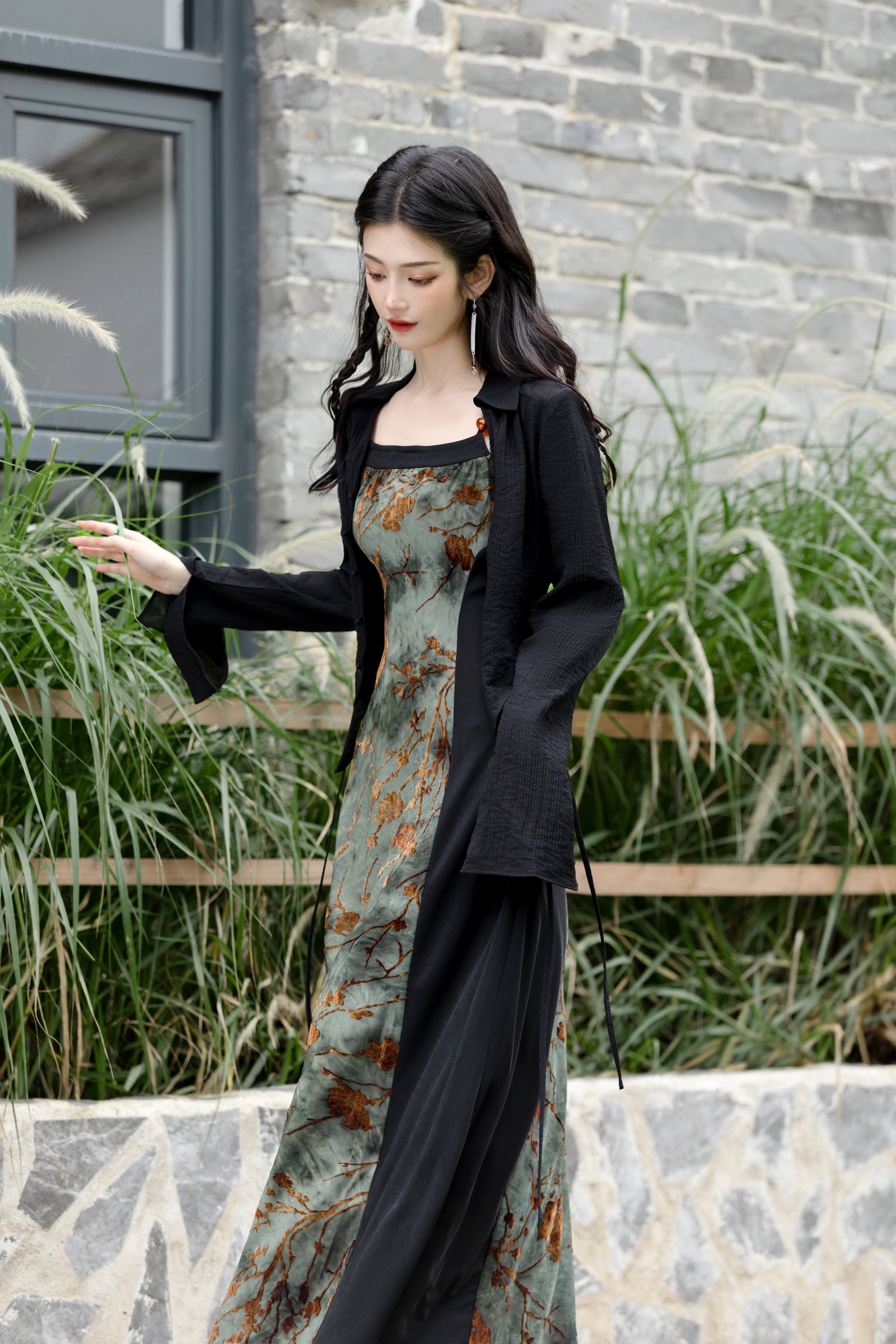 Vintage Floral Print Silk Maxi Dress with Black Cardigan