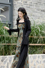 Vintage Floral Print Silk Maxi Dress with Black Cardigan