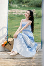 Elegant Blue Gradient Pleated Maxi Dress