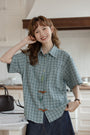 Vintage Green Plaid Button-Down Short Sleeve Blouse - Masion Chérie