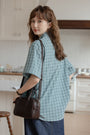 Vintage Green Plaid Button-Down Short Sleeve Blouse - Masion Chérie