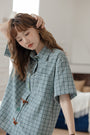 Vintage Green Plaid Button-Down Short Sleeve Blouse - Masion Chérie