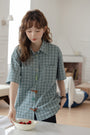 Vintage Green Plaid Button-Down Short Sleeve Blouse - Masion Chérie