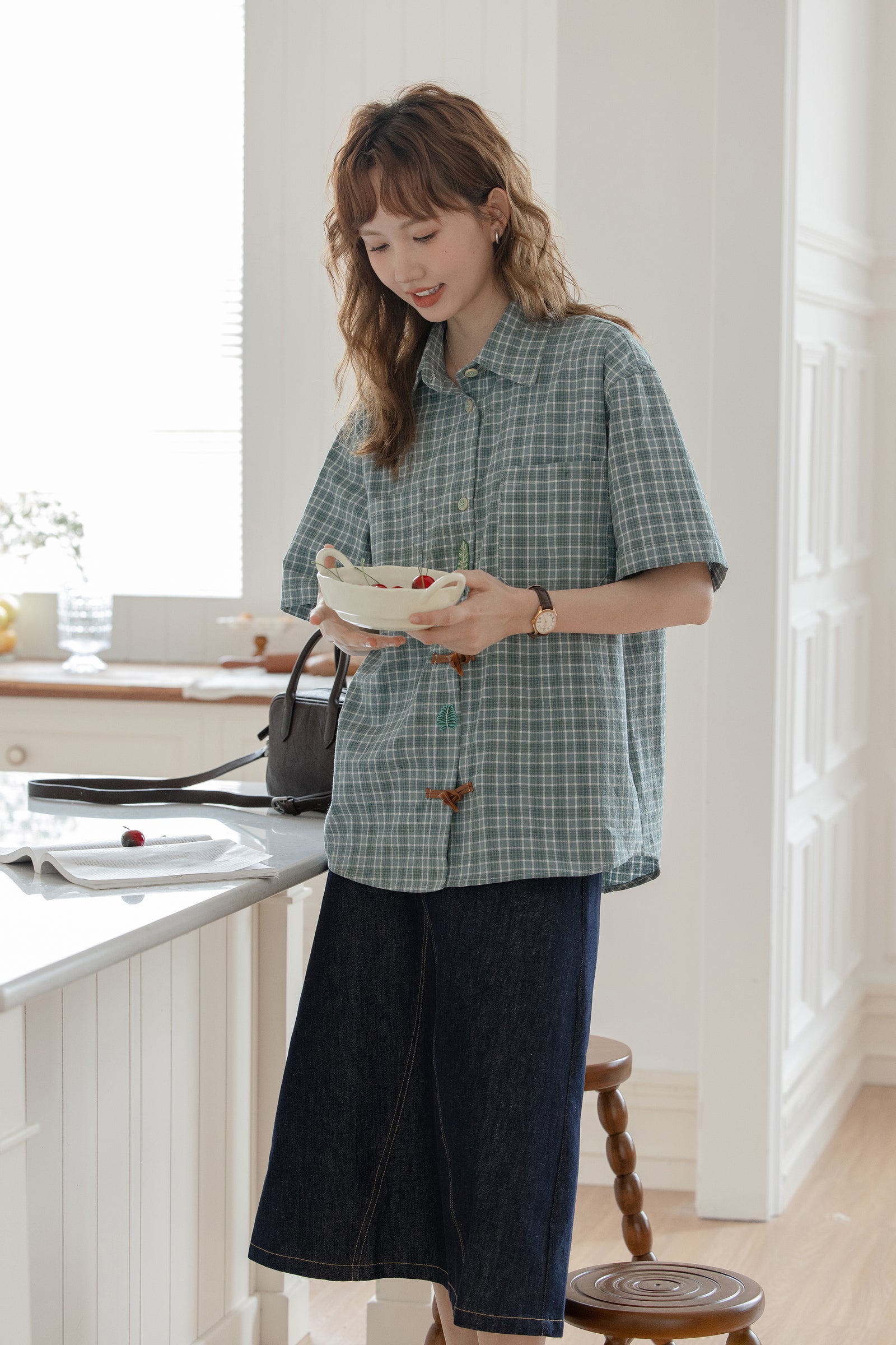 Vintage Green Plaid Button-Down Short Sleeve Blouse - Masion Chérie