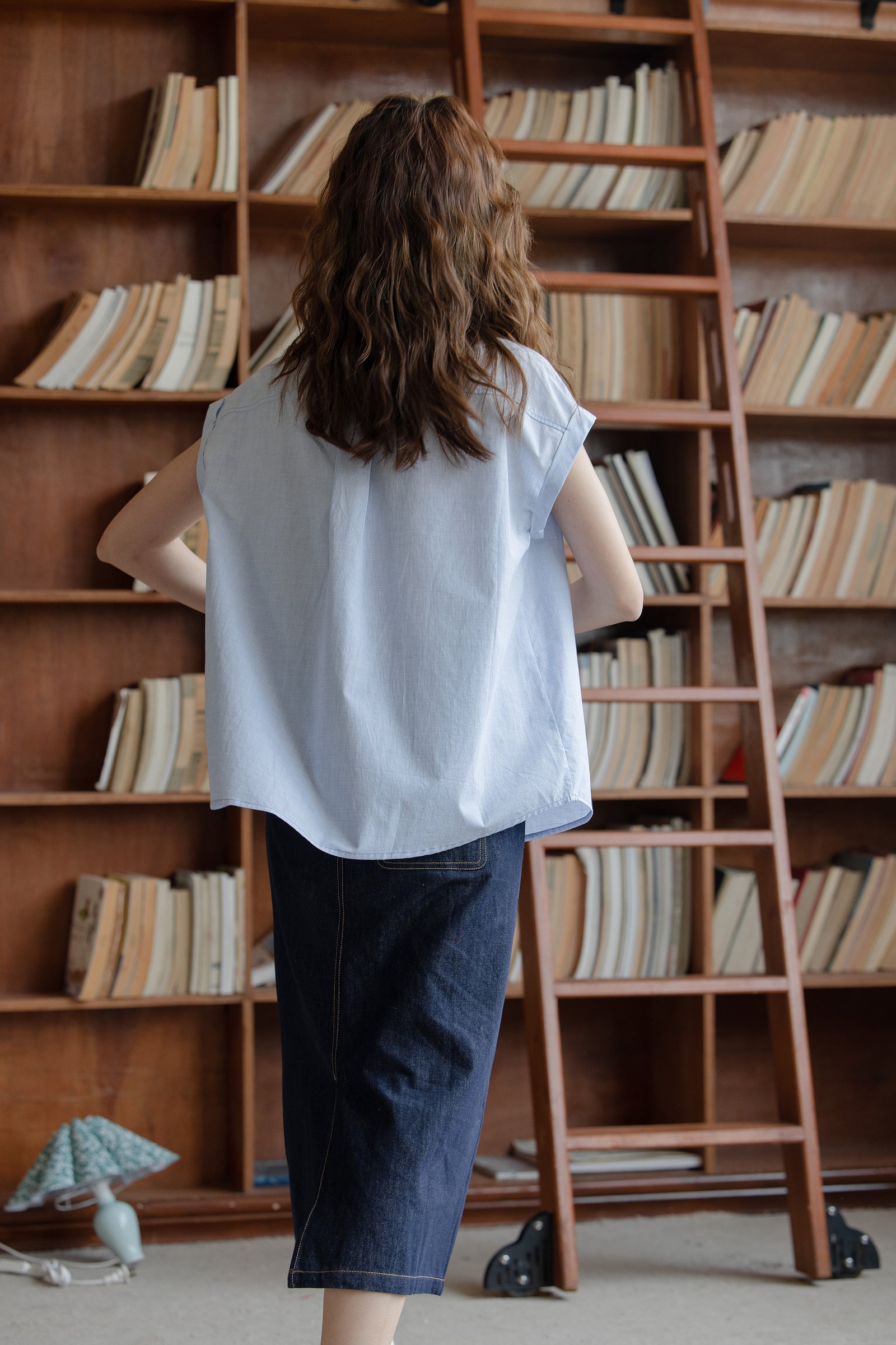 Light Blue Short-Sleeve Button-Down Blouse - Masion Chérie