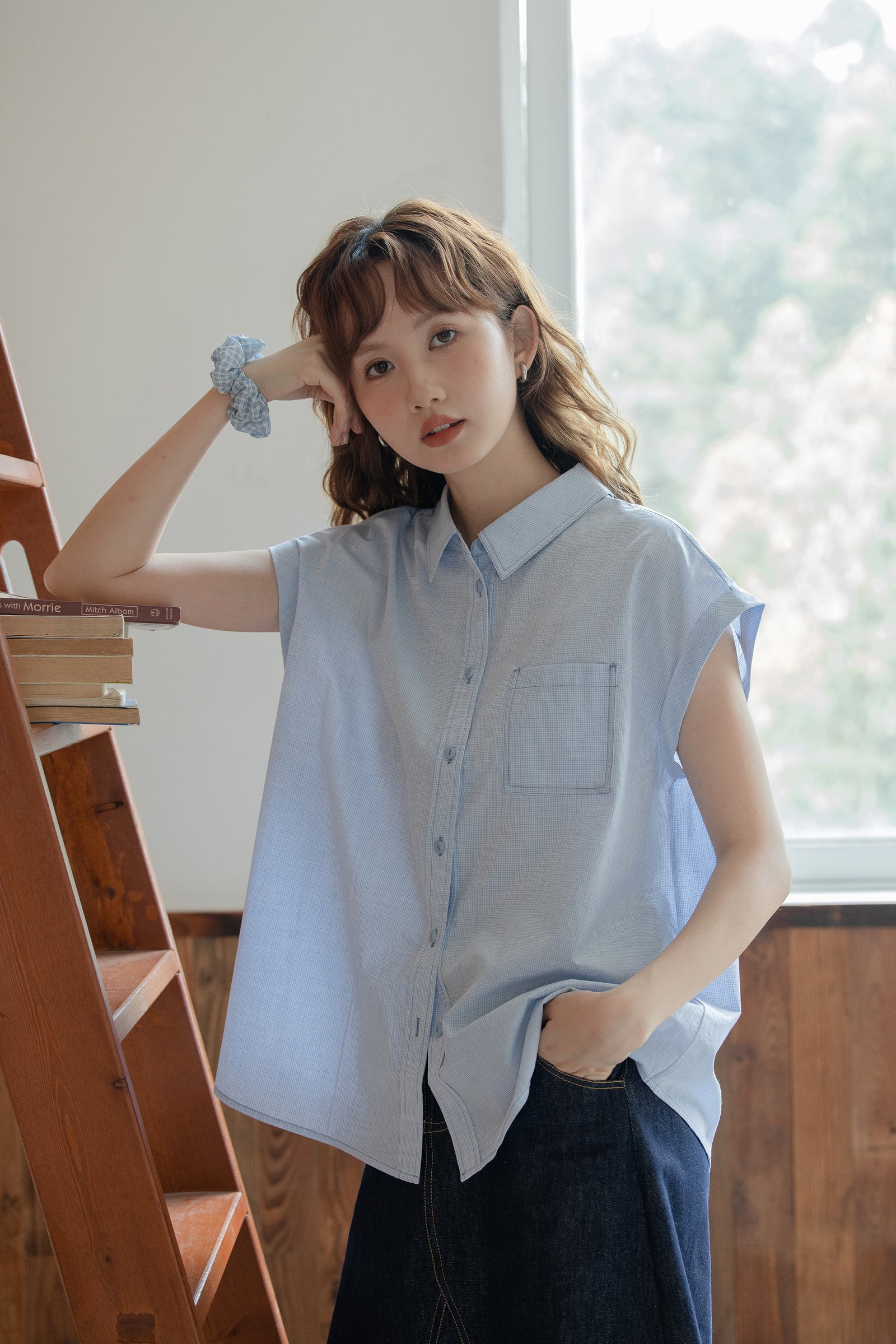 Light Blue Short-Sleeve Button-Down Blouse - Masion Chérie