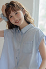 Light Blue Short-Sleeve Button-Down Blouse - Masion Chérie