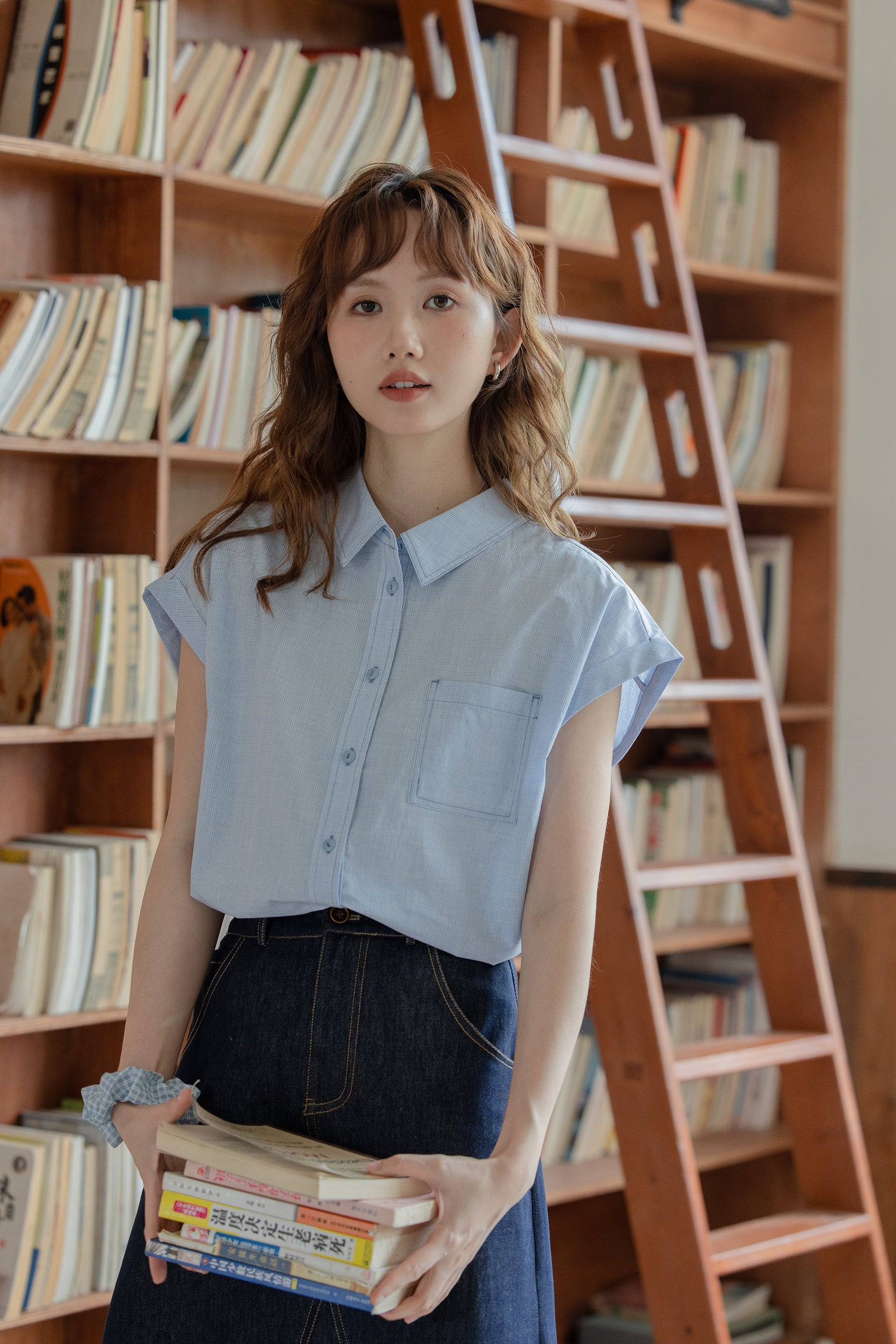 Light Blue Short-Sleeve Button-Down Blouse - Masion Chérie