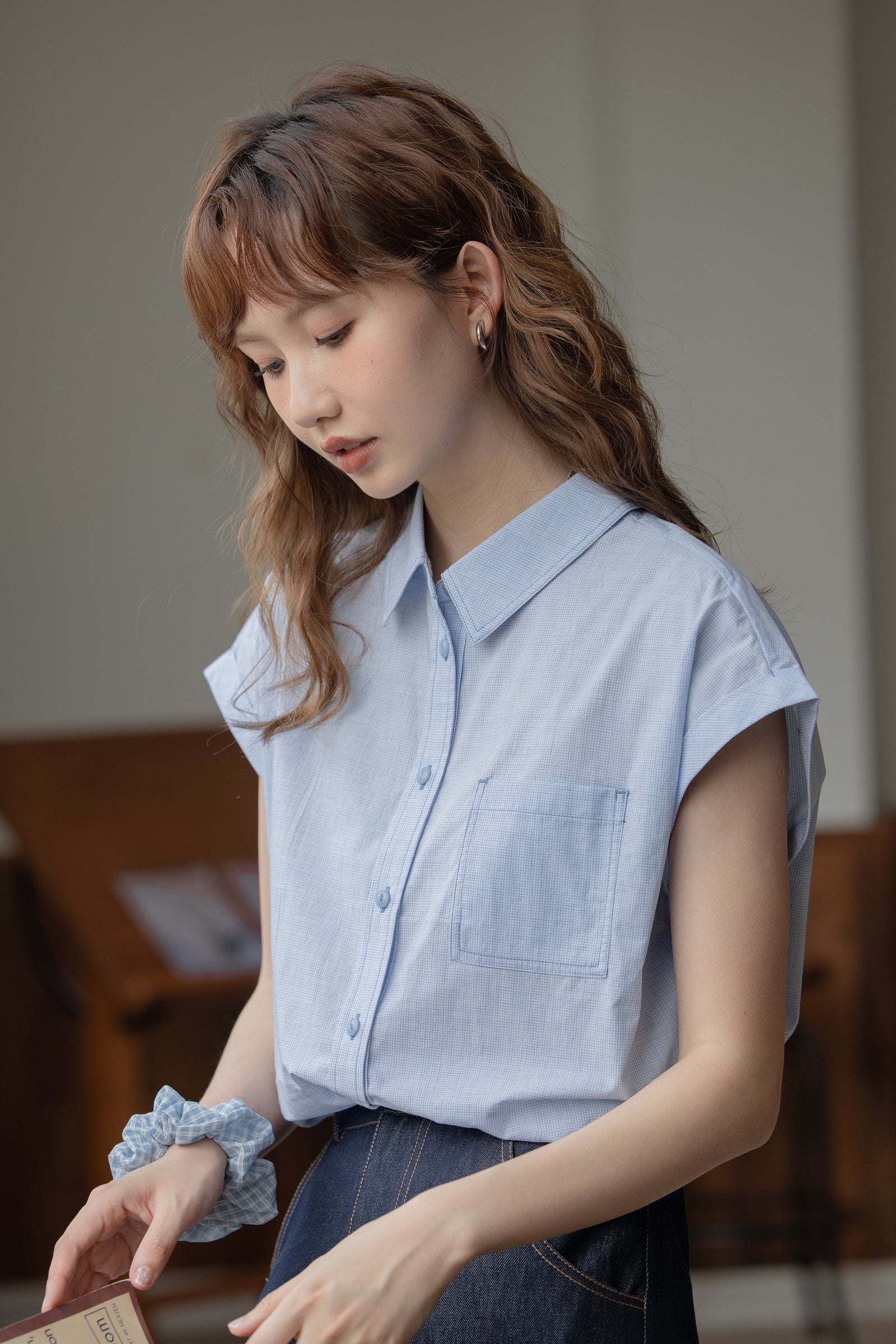 Light Blue Short-Sleeve Button-Down Blouse - Masion Chérie