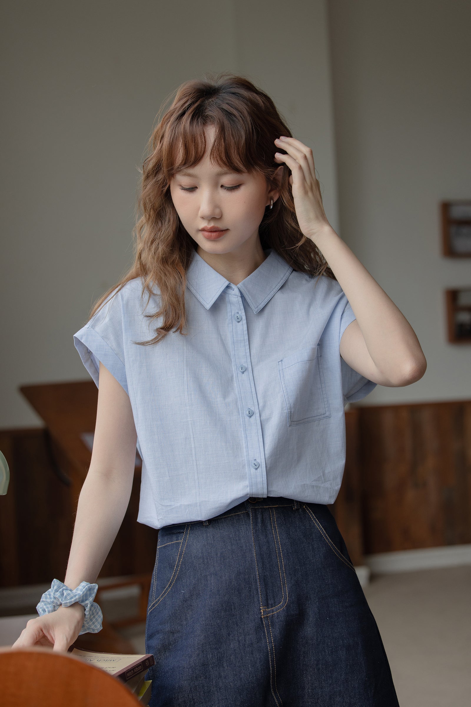 Light Blue Short-Sleeve Button-Down Blouse - Masion Chérie