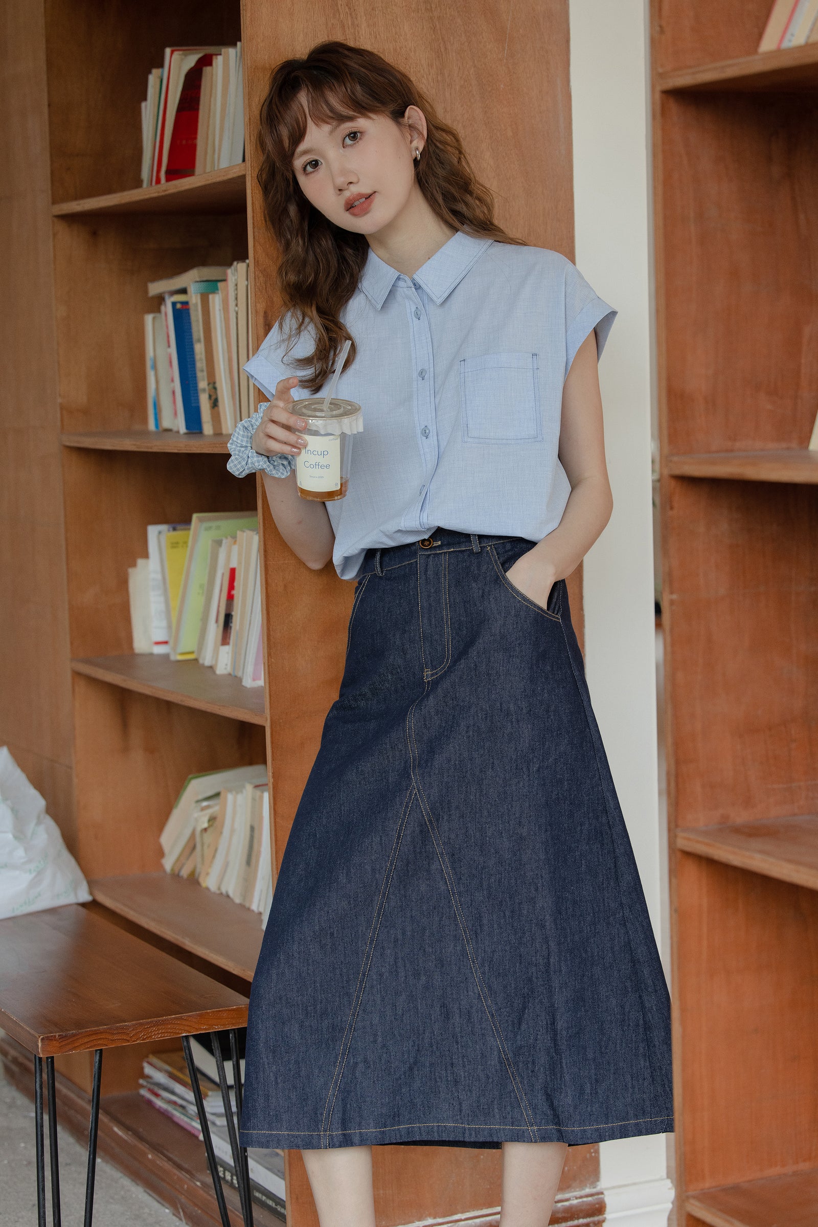 Light Blue Short-Sleeve Button-Down Blouse - Masion Chérie