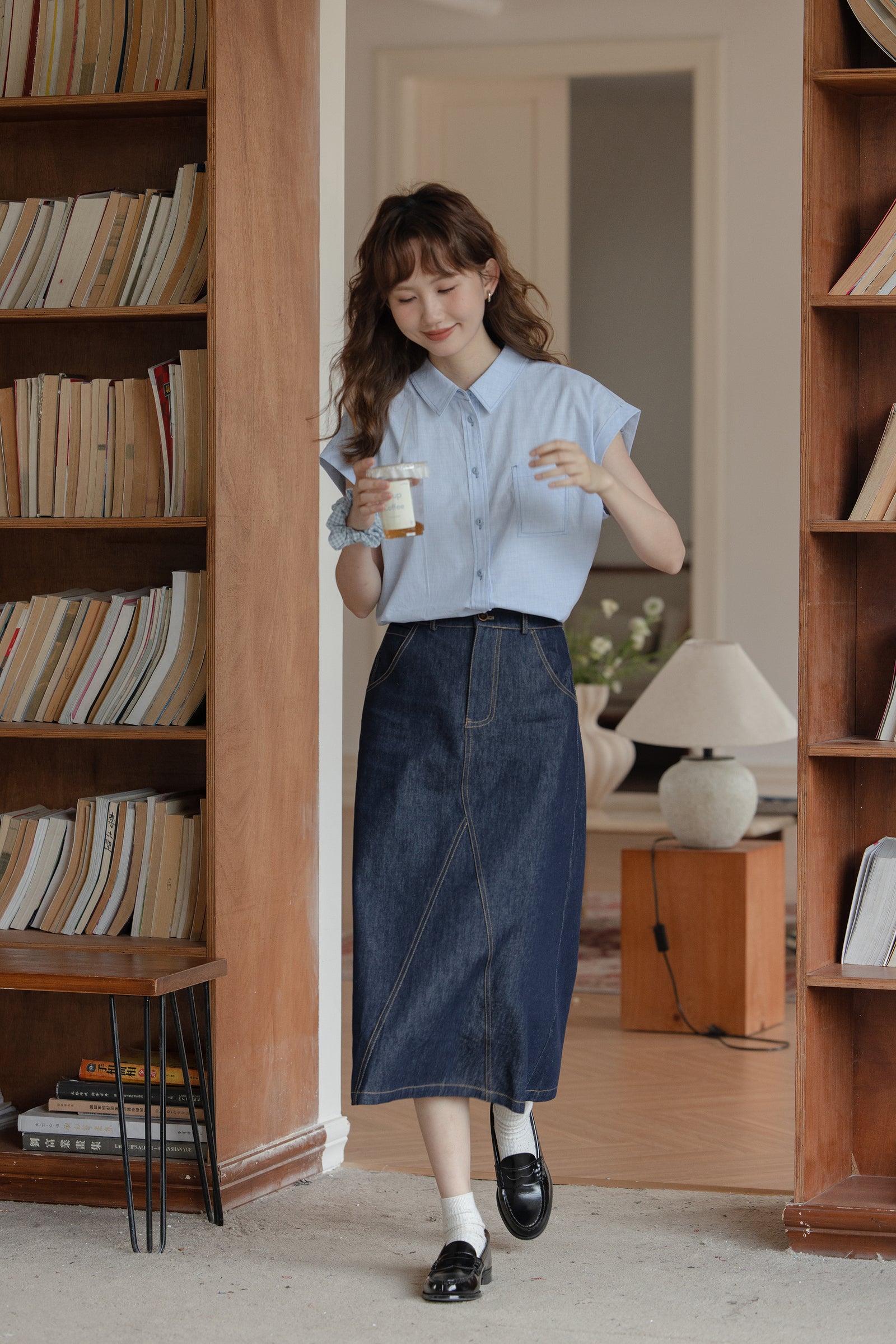 Light Blue Short-Sleeve Button-Down Blouse - Masion Chérie