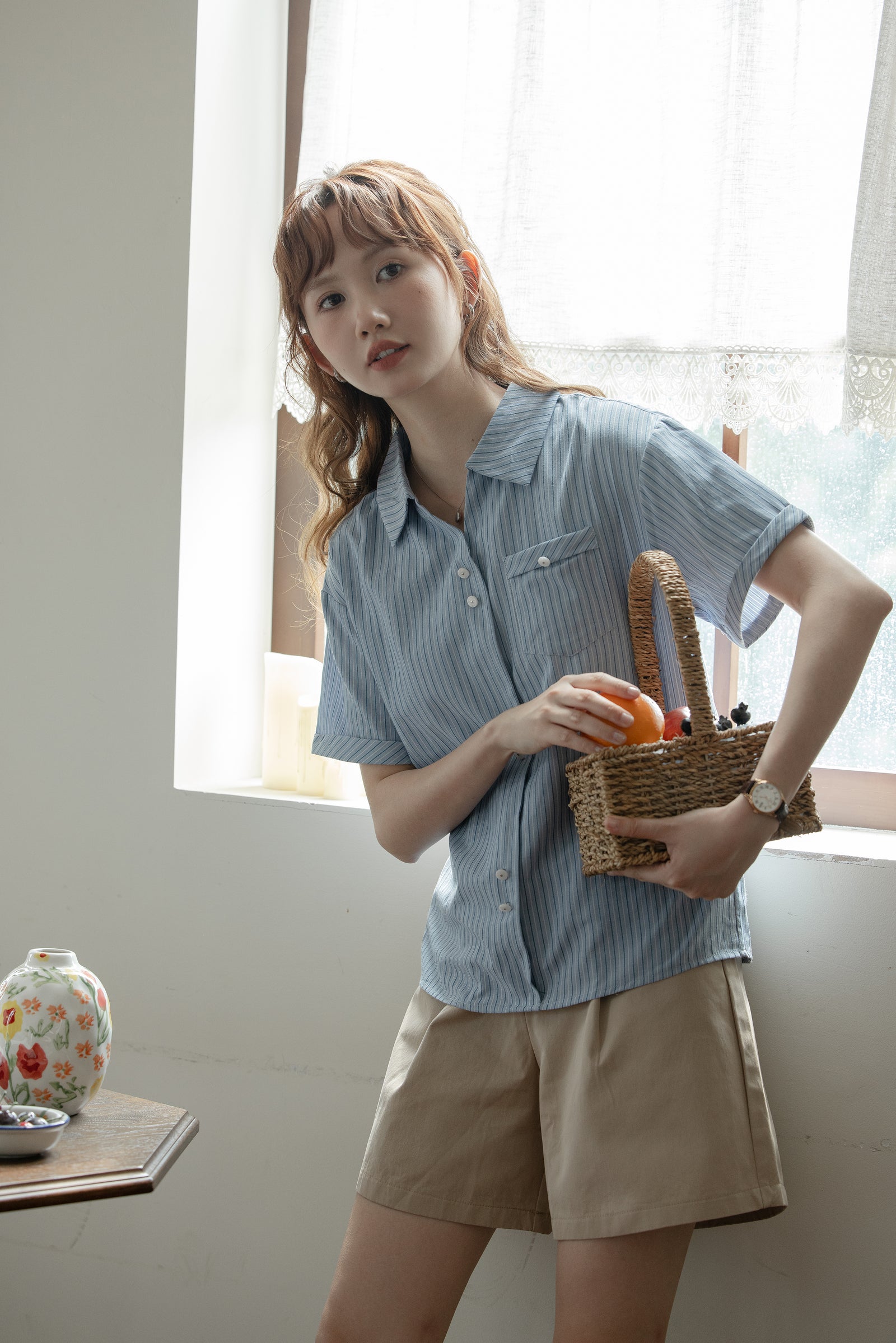 Blue Striped Short Sleeve Button-Up Shirt - Masion Chérie