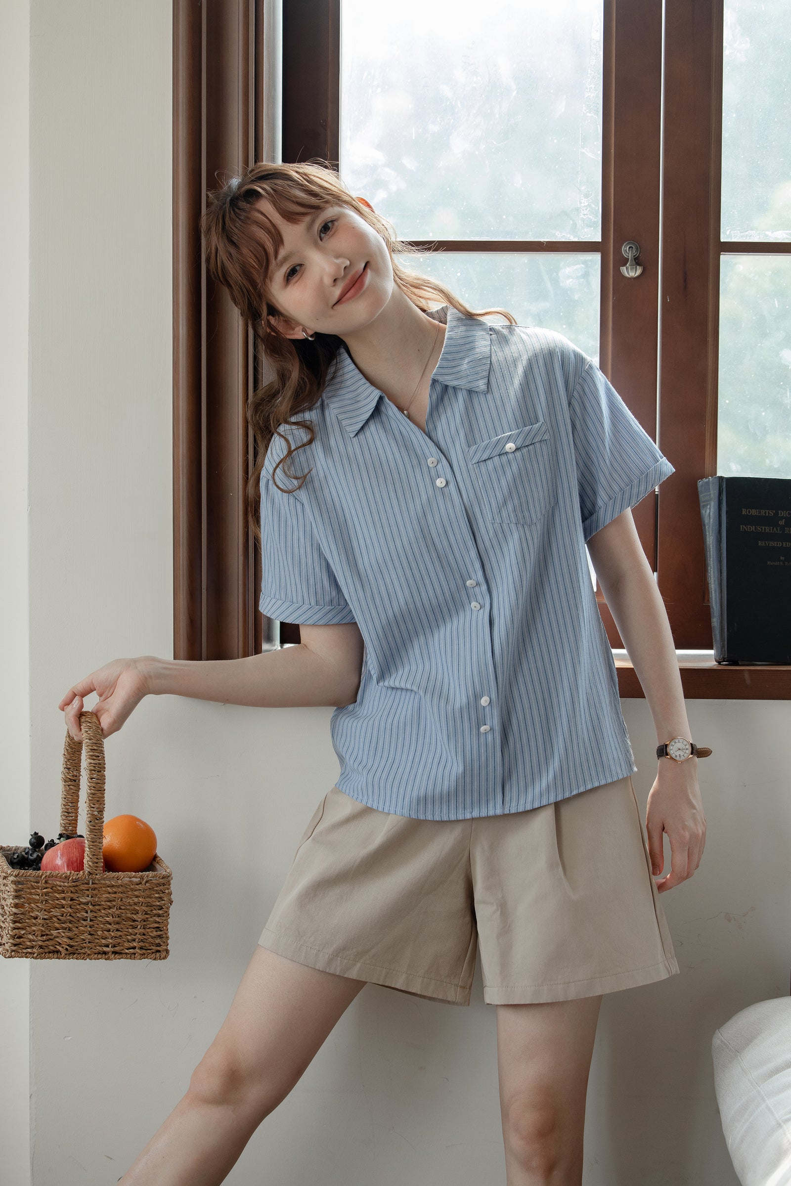 Blue Striped Short Sleeve Button-Up Shirt - Masion Chérie